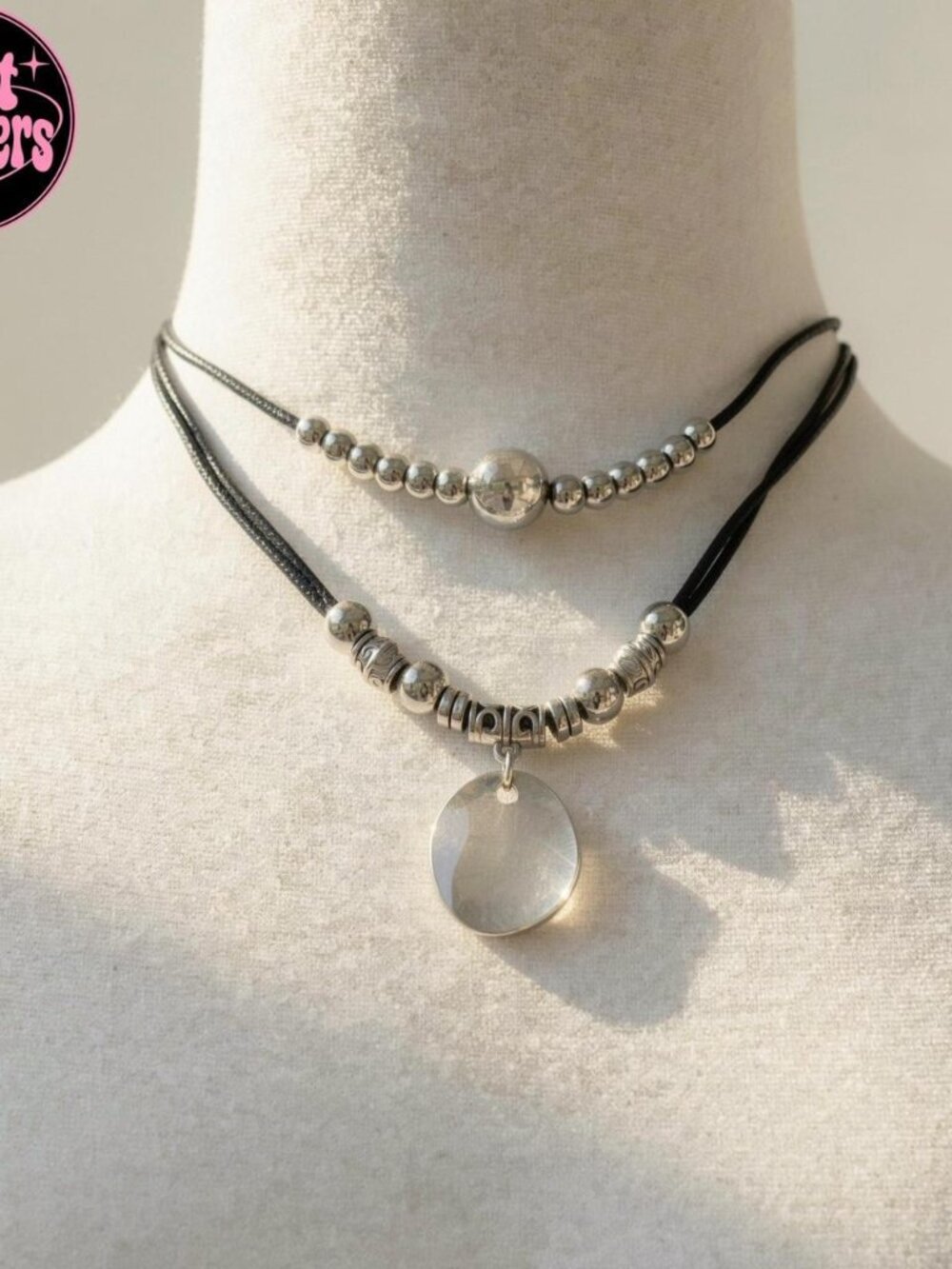 Y2K 2000s style Black leather with silver beads and clear pendant necklace